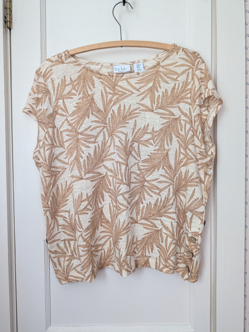 Nicole Miller Linen XL Top Cap Sleeve Palm Print Tee Natural Granola Boho Summer